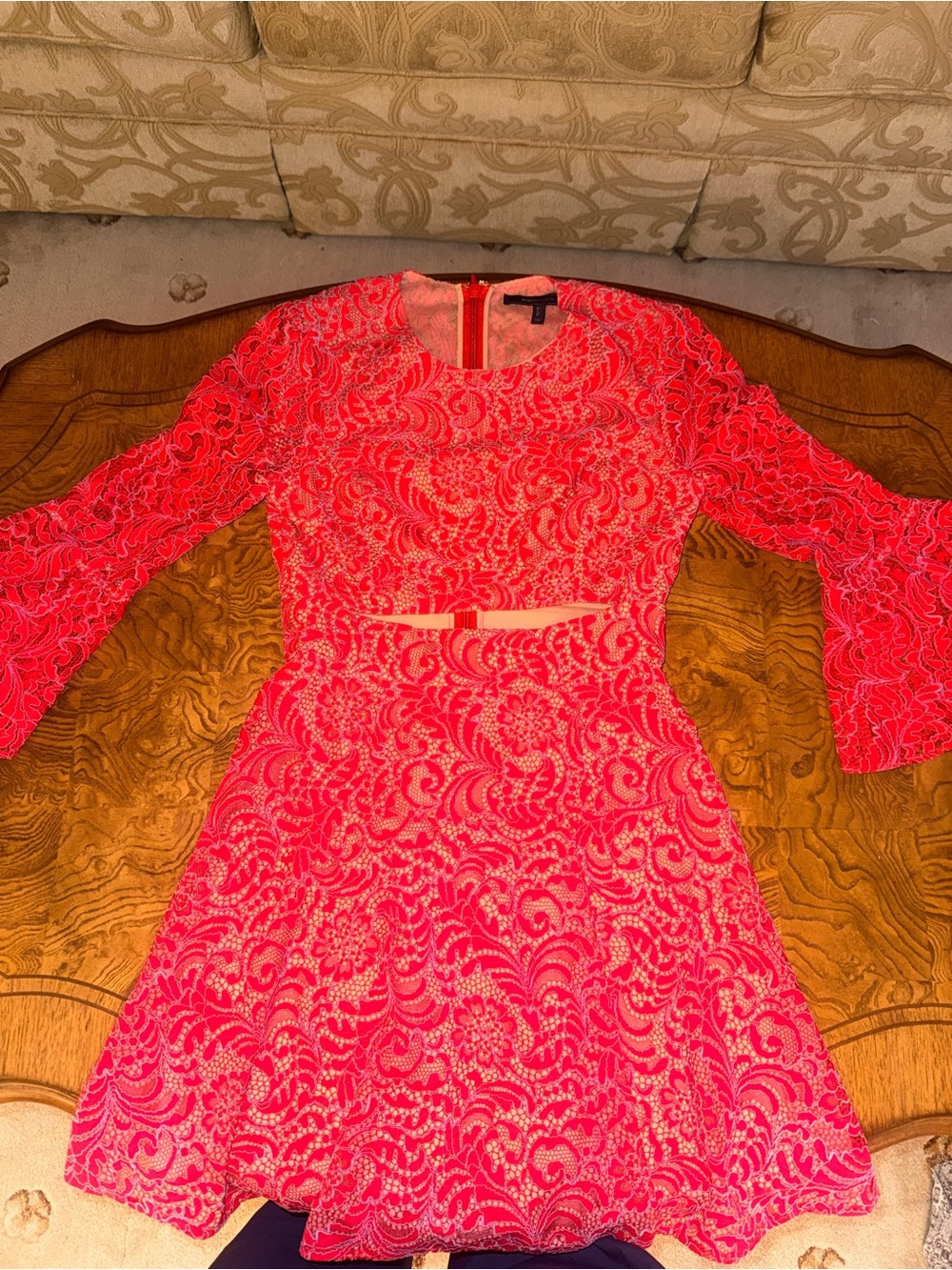 BCBGMaxAzria Hot Pink Lace Long-Sleeve Fit-and-Flare Dress